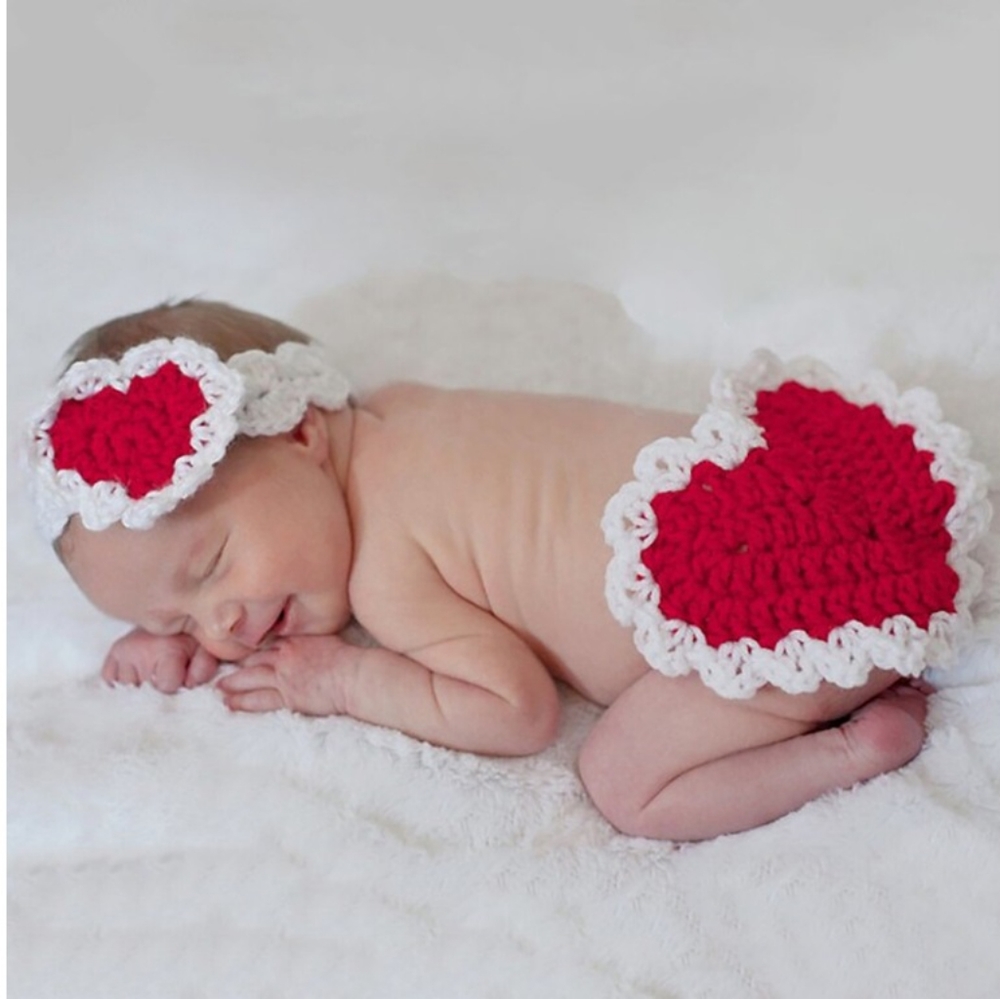 Newborn Crochet Baby Outfit Photo Prop Valentine's Knit Diaper Cover Clothes